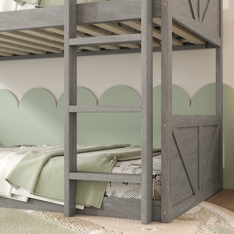 Antique White Twin Over Twin Floor Bunk Bed with Panelled Headboard, Footboard, and Built-in Ladder