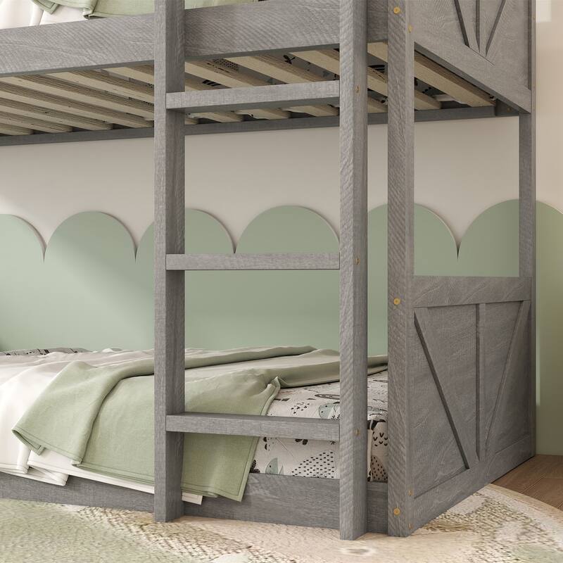 Low Twin Over Twin Size Bed Floor Bunk Bed with Panelled Headboard Footboard, Ladder and Guardrails, Solid Rubber Wood Frame