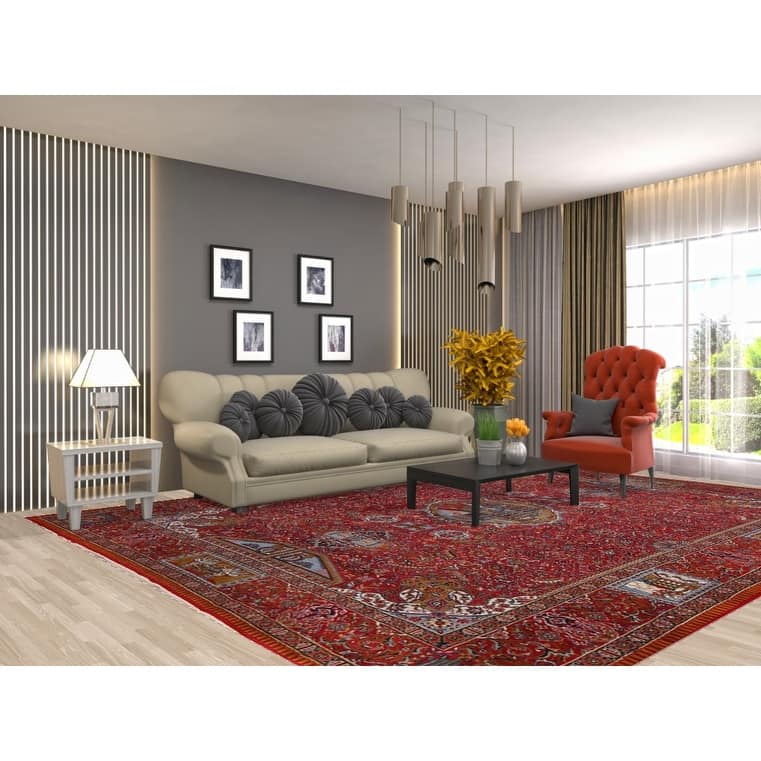 Pictorial Medallion Red Kashan Turkish Area Rug Machine Made Carpet - 9'8" x 12'5"