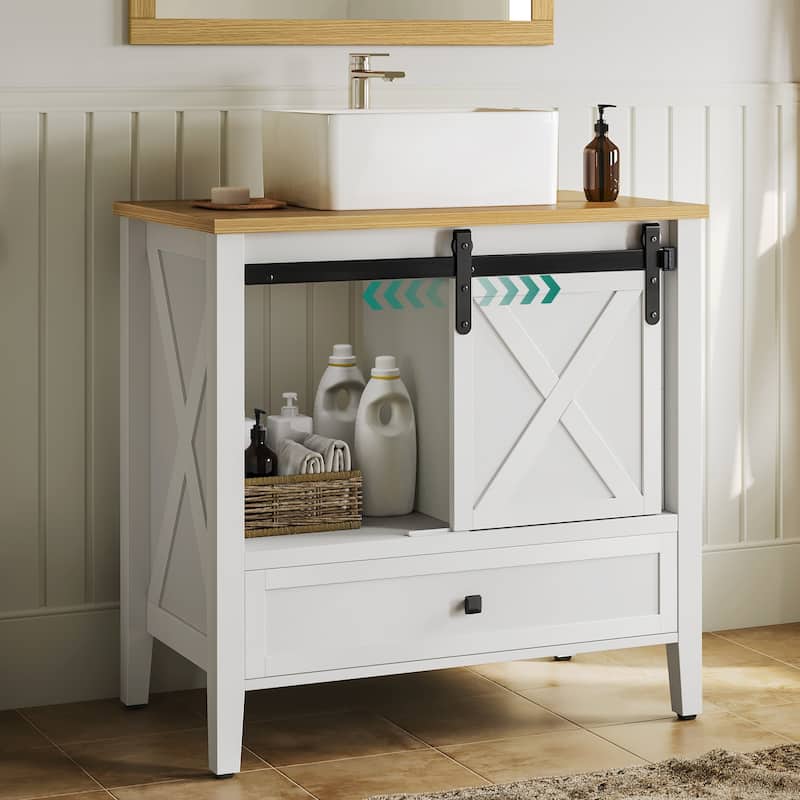 Moasis Farmhouse Bathroom Vanity Cabinet with Ceramic Sink Basin and Sliding-Door Cabinet & 3 Drawers