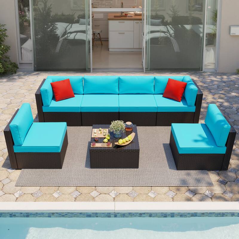 Futzca 7 Pieces Wicker Outdoor Patio Furniture Sofa Set - Blue
