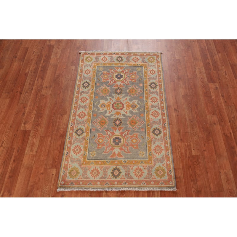 Geometric Grey Kazak Foyer Rug Hand-Knotted Wool Carpet - 2'6"x 4'4"