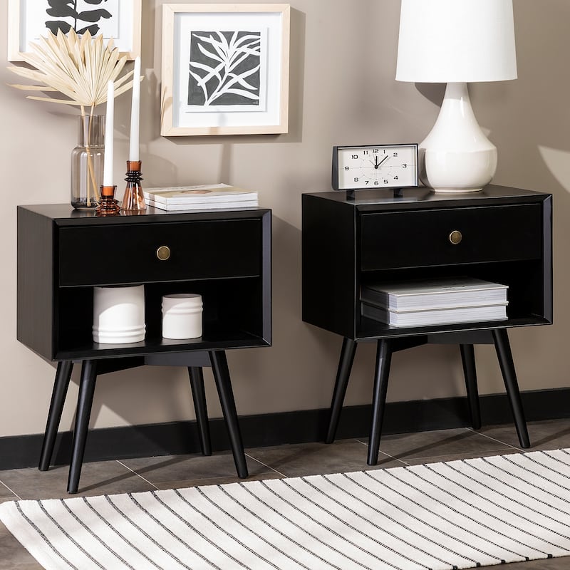 Middlebrook Mid-Century Solid Wood 1-Drawer Nightstand, Set of 2 - Black