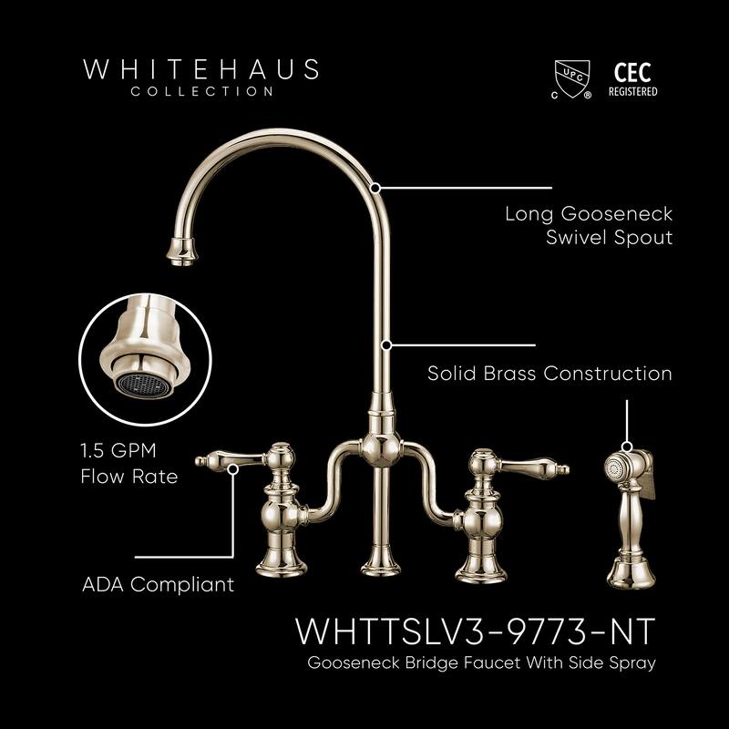 Bridge Faucet with Swivel Spout, Lever Handles and Solid Metal Side Spray