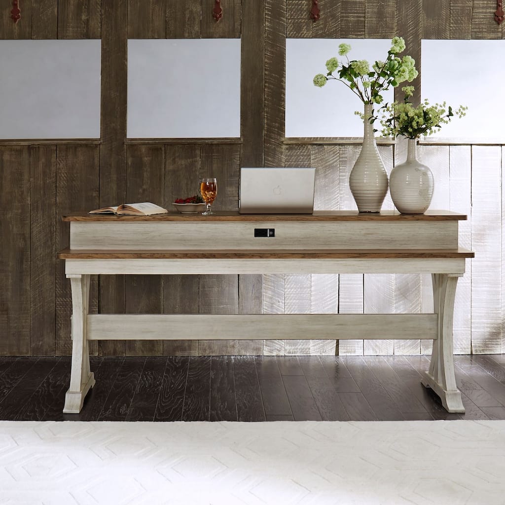 Farmhouse Reimagined Antique White with Chestnut Console Bar Table