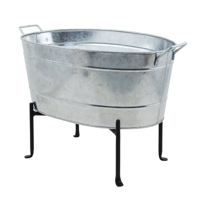 Achla Designs Classic Oval Galvanized Tub With Folding Stand, 24 Inch Wide, Steel - 24"