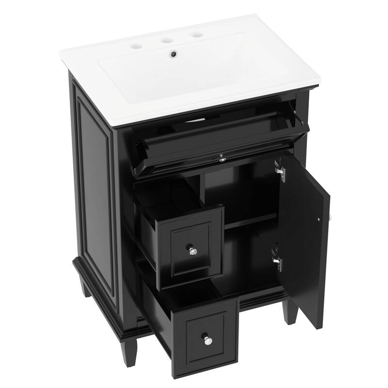 24" Bathroom Vanity with Sink, Bathroom Vanity Cabinet with One Flip Drawer and Two Drawers, Adjustable Shelf