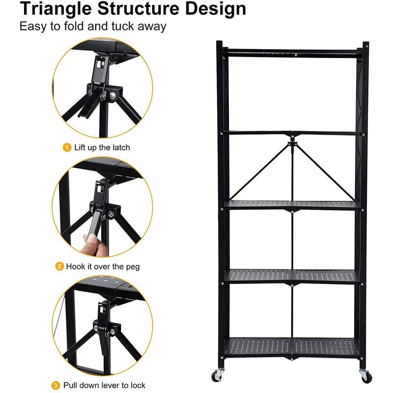 5-Tier Black Heavy Duty Foldable Metal Rack Storage Shelving with Wheels