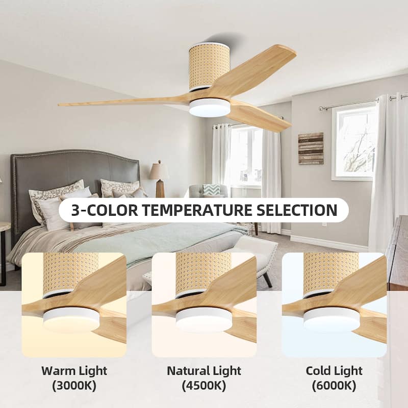 MLiAN 52 In. 3 Solid Wood Blades Flush Mount Ceiling Fan with Light Kit - 52"
