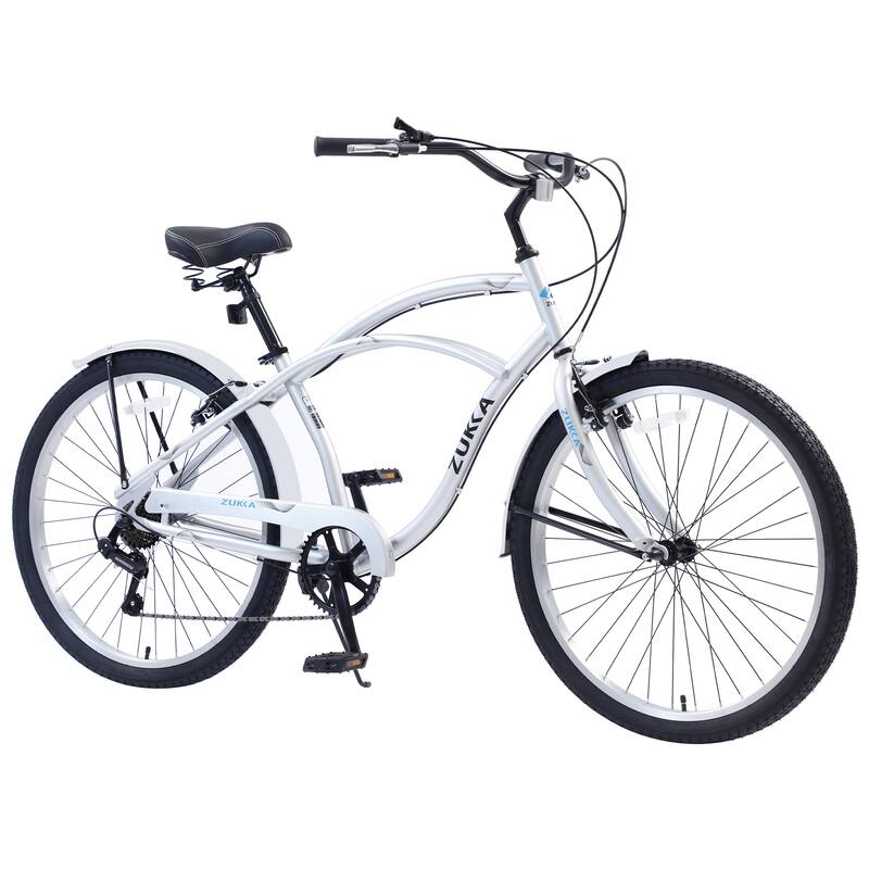 Beach Cruiser Bike, 26 Inch Commuter Bicycle, 7-Speed/Front & Rear Fenders, Comfortable City Bikes, Ergonomic Upright Design - Silver