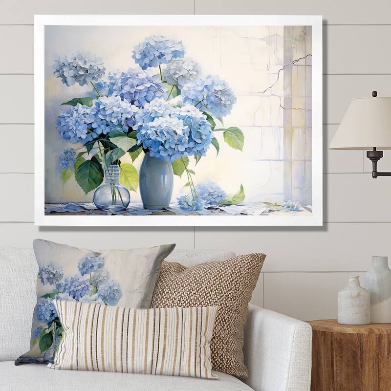 Designart "Blue Hydrangea Farmhouse Still Life " Hydrangea Framed Canvas Wall Art - 40 in. wide x 30 in. high - White