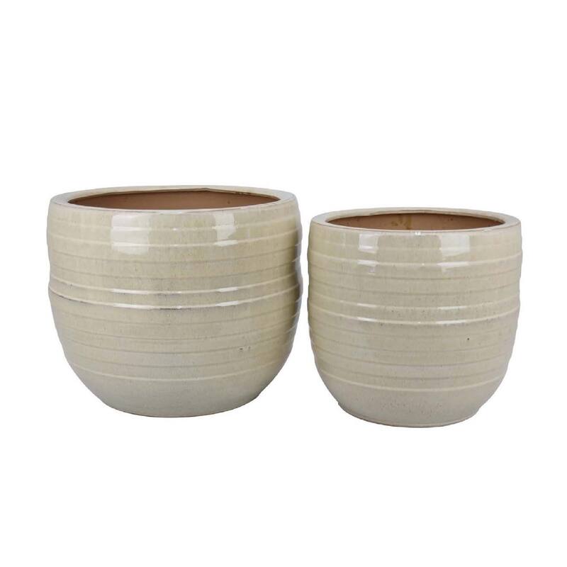 Paulo Barrel Planter Set of 2, Raised Ribbed Beige Ceramic 19, 15 Inch