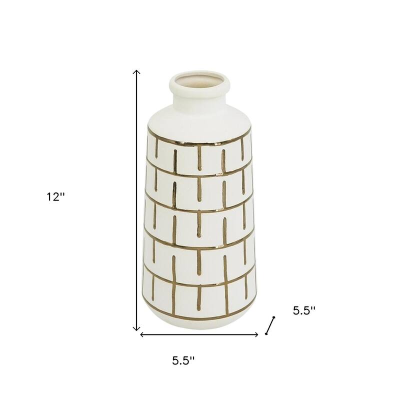 12" Ivory And Gold Geometric Cylindrical Ceramic Table Vase - 5.50