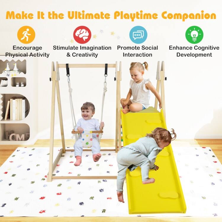 Multicolor Solid Wood Kids 4-in-1 Jungle Gym with Swing, Ramp and Platform - Multi Color - 73" × 47" × 45" (L × W × H)