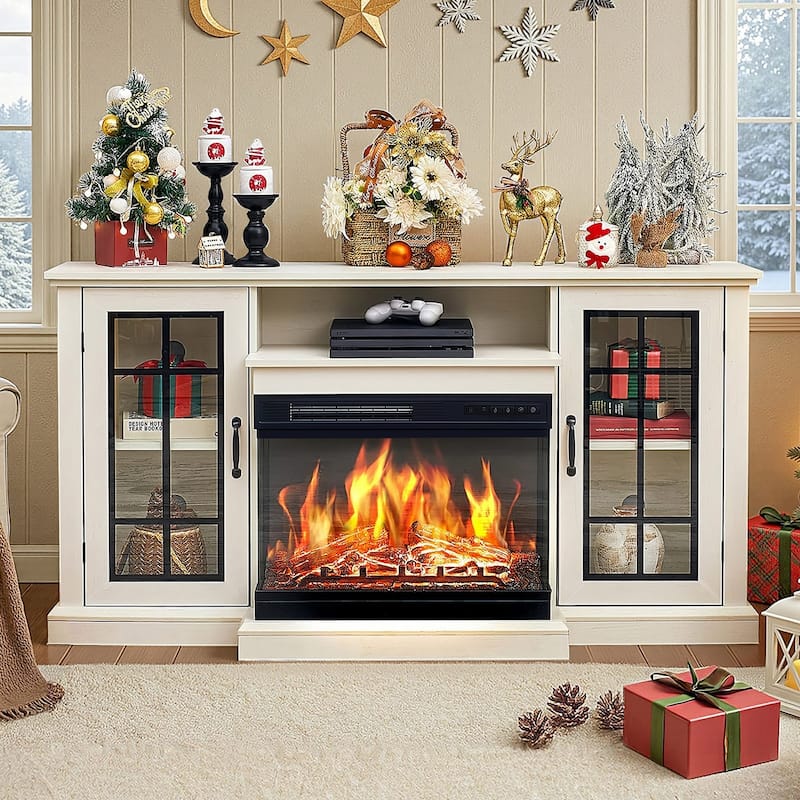 EROMMY TV Stand for 65 Inch TV, Entertainment Center with LED Lights, Storage & Power Outlets, Media Console for Living Room - White