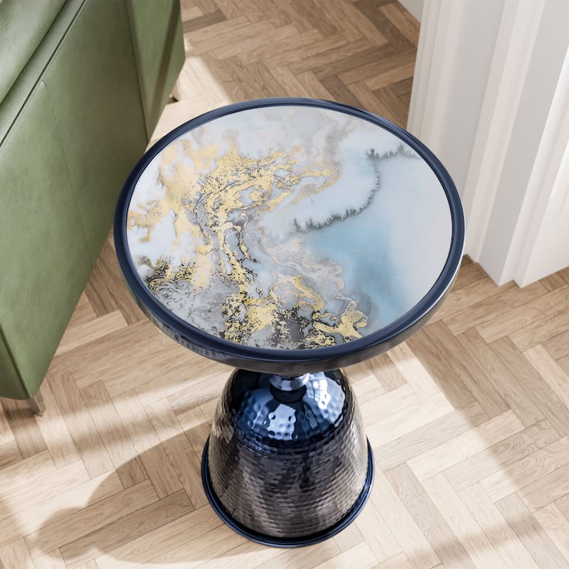 DH LUX Modern 16-inch Metal Round End Table with Pedestal Base by Denhour - Blue