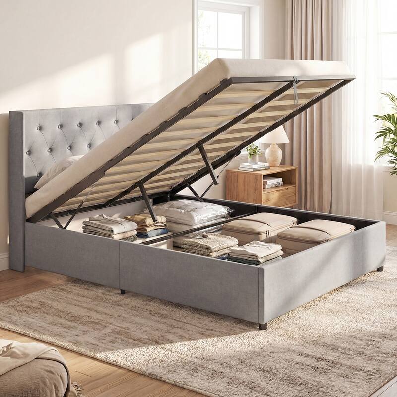 Gymax Queen Size Lift-up Storage Bed w/Tufted Wingback Headboard - Grey