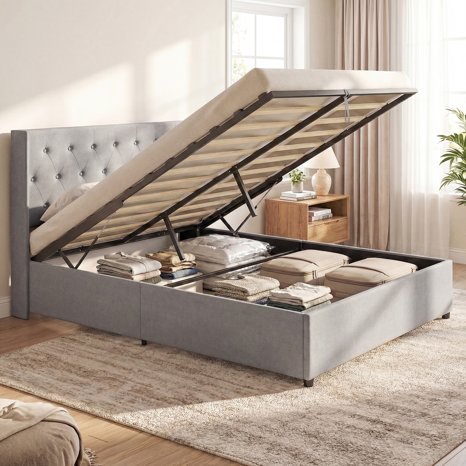 Gymax Queen Size Lift-up Storage Bed w/Tufted Wingback Headboard