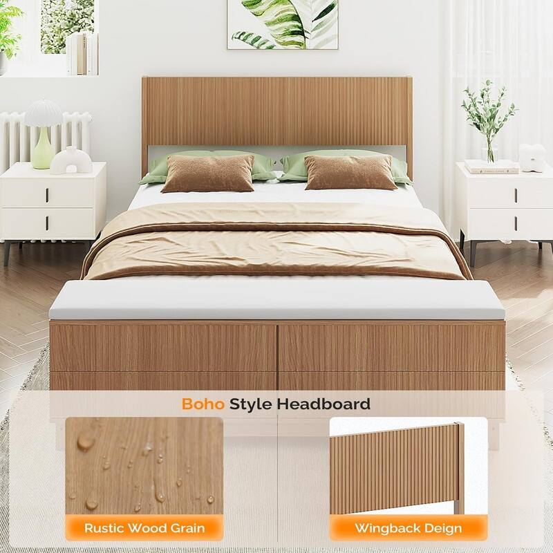 Natural Oak Wood Platform Bed Frame with Built-in Footboard Storage Bench,4 Drawers,Headboard,Heavy duty,No Box Spring Needed