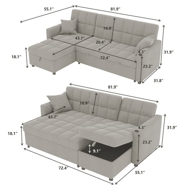 82'' Wide Sectional Couch Pull-Out Sofa Bed with Storage Chaise