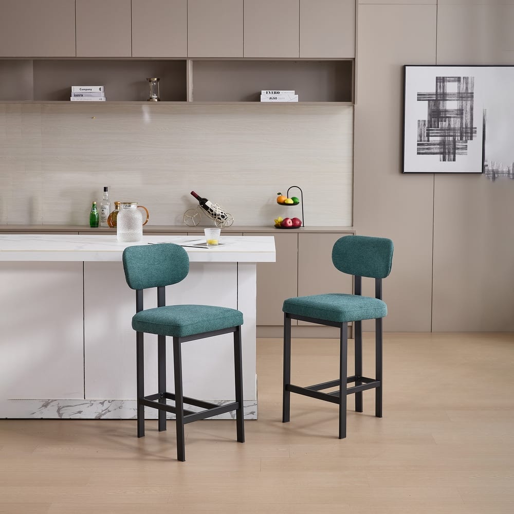 Bar Stools Set of 2, Fabric Upholstered Counter Height Bar Stools, Open Back Dining Chairs with Metal Legs & Footrest