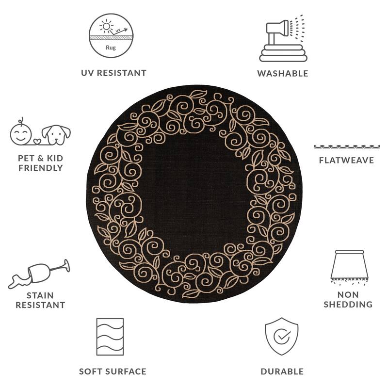 SAFAVIEH Courtyard Elfur Scroll Indoor /Outdoor Waterproof Patio Backyard Rug - 7'10" Round - Black/Beige