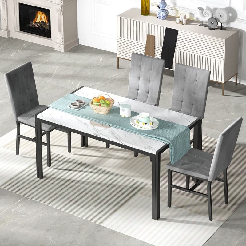 Grondin Faux Marble Kitchen Table And Chairs Set for 4, Modern Dining Room Table With 4 Armless Upholstered Dining Chairs