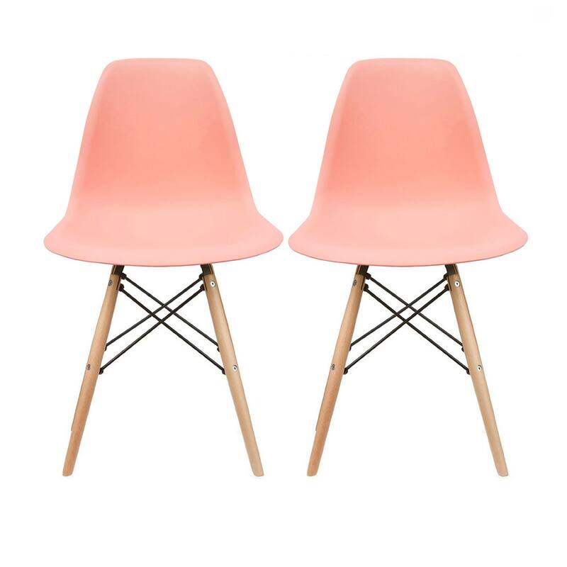 Set of 2 Mid-Century Modern Dining Chairs Armless Plastic Shell Seat with Natural WoodenEiffel Leg Base, Orange - Coral Pink