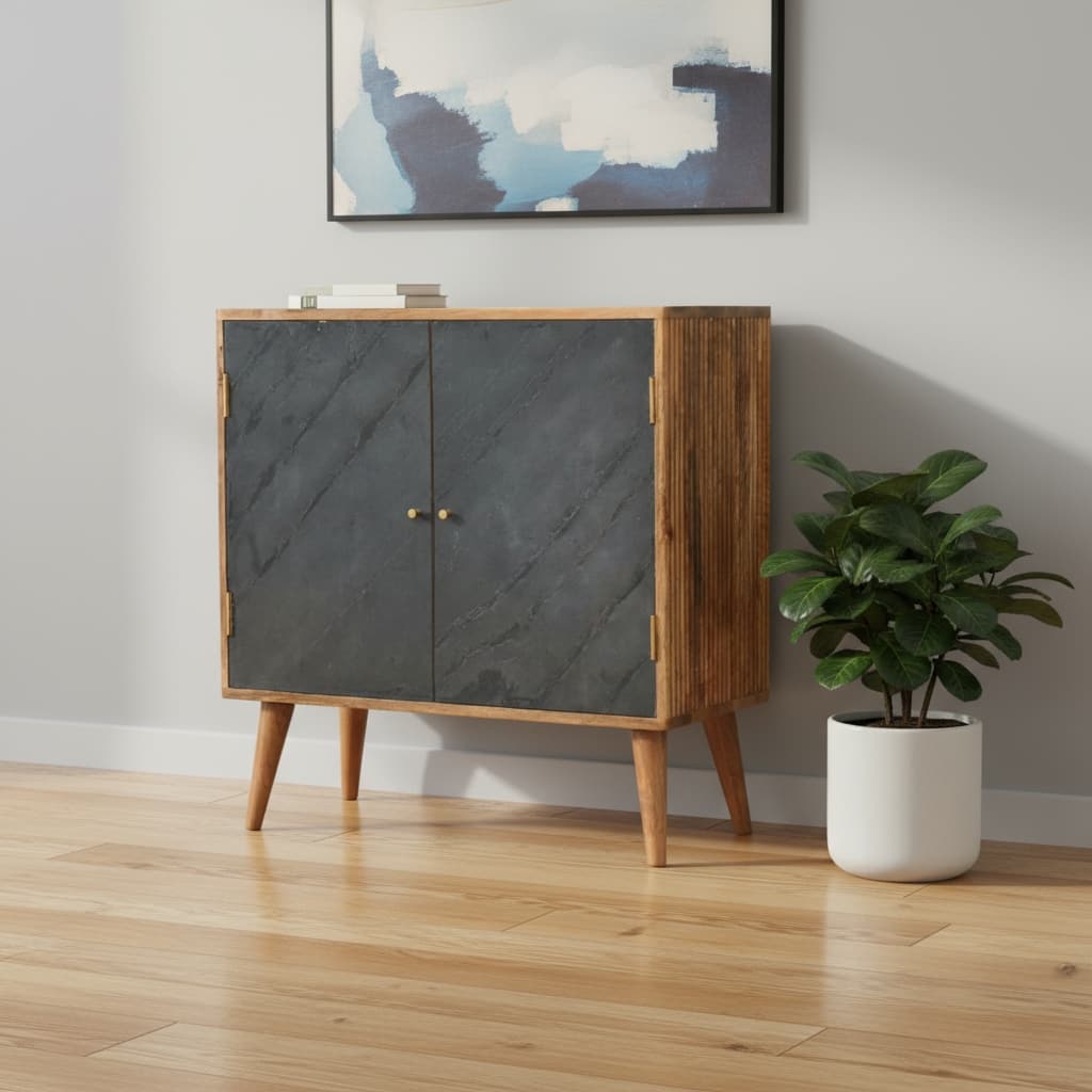 HomeRoots 30" Brown and Gray Solid Wood And Inlaid Slate Accent Cabinet With Two Doors