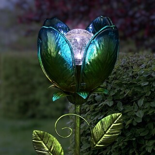 Exhart Solar Flower Garden Stake Made of glass and metal, 6 by 36 Inches