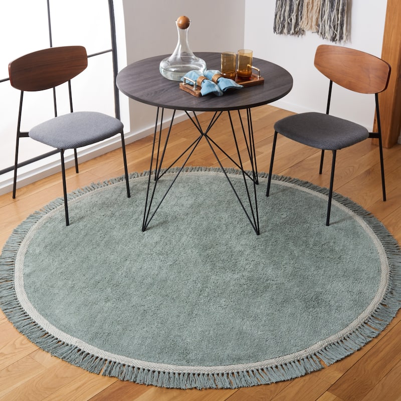 SAFAVIEH Easy Care Machine Washable Devyani Tassel Rug - 5' x 5' Round - Teal/Ivory - Round