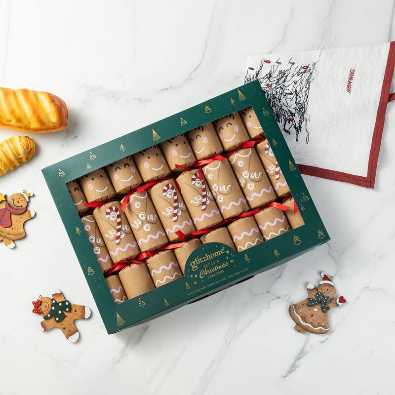 Glitzhome 8 Pack Christmas Gingerbread Man Party Cracker with Gift Contents