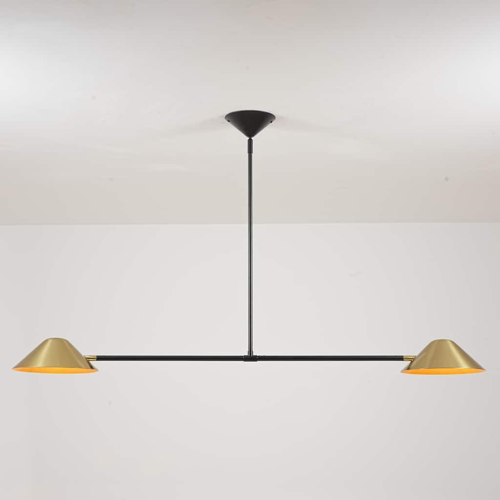 2-Light Industrial Black and Brass Linear Cone Pendant Light - 53.94" L × 3.94" H × 9.84" D