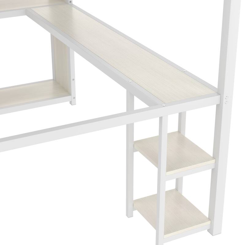 Queen Size Loft Bed with Wardrobe, Desk, and Storage Shelves in White Wood-grain Finish