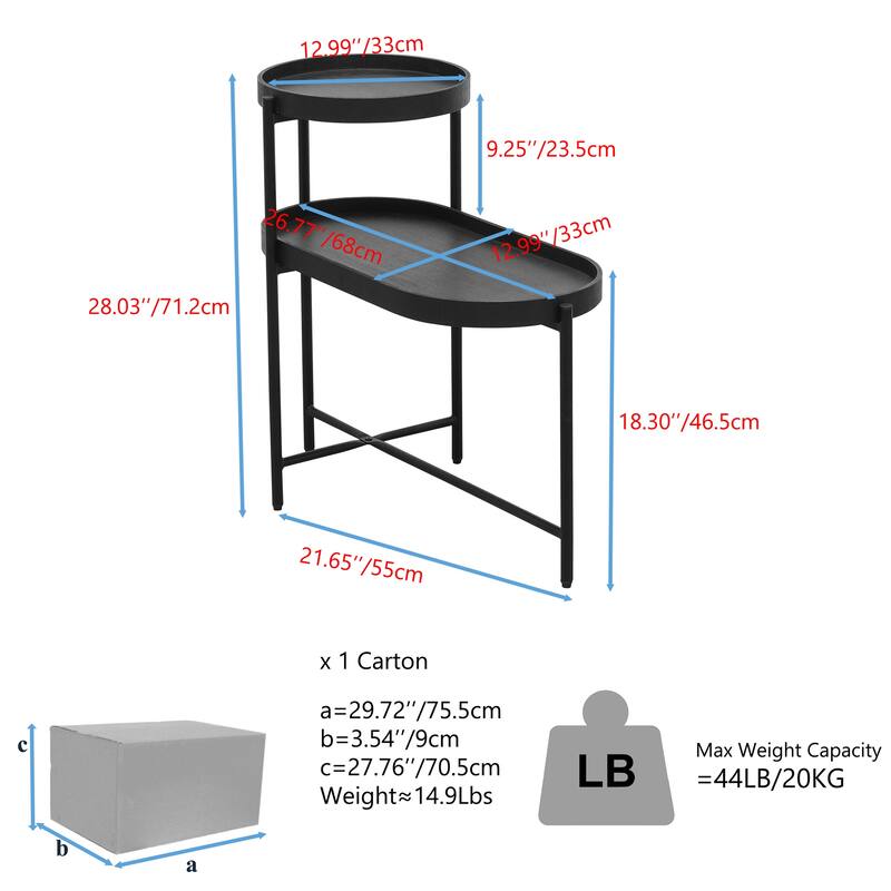 2-Tier Black Metal Frame Side Table with Wood Tray Top