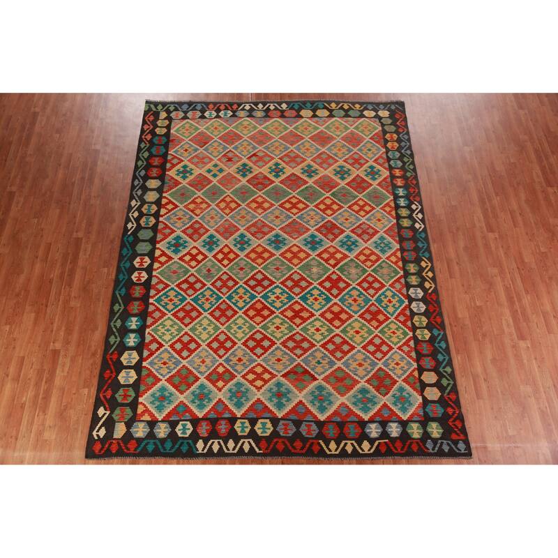 Reversible Trellis Kilim Oriental Area Rug Flatweave Wool Carpet - 8'7"x 11'2"