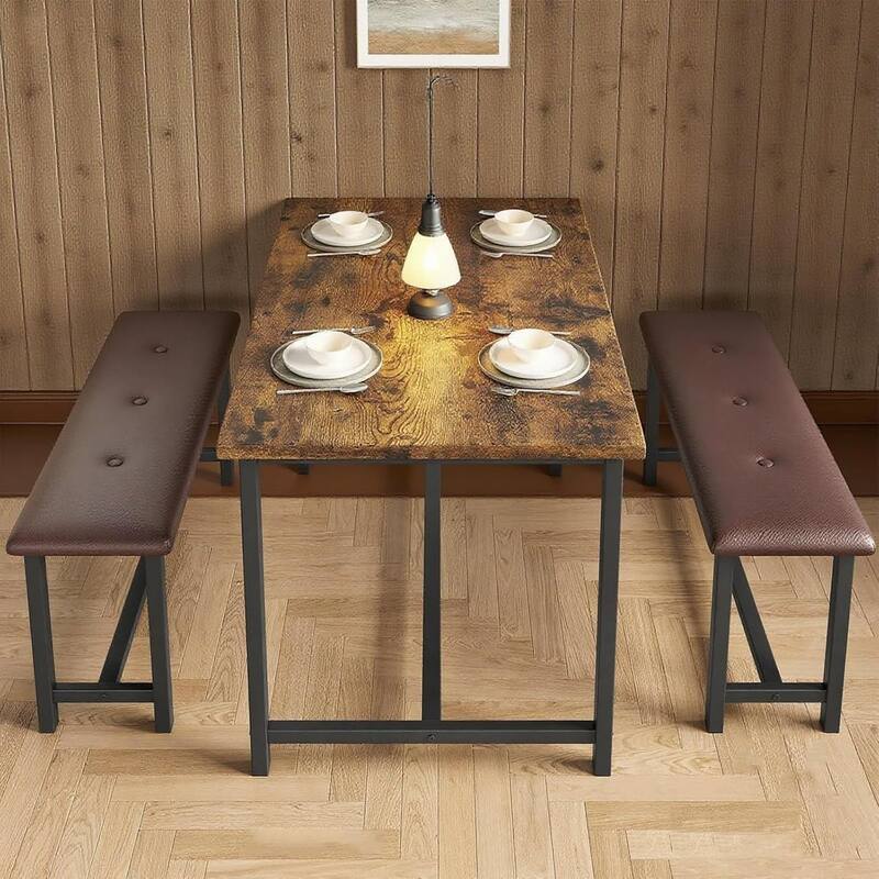 Kitchen Table with Benches, Dining Table Set for 4,Rectangular Dining Table Set for Small Space Apartment Studio