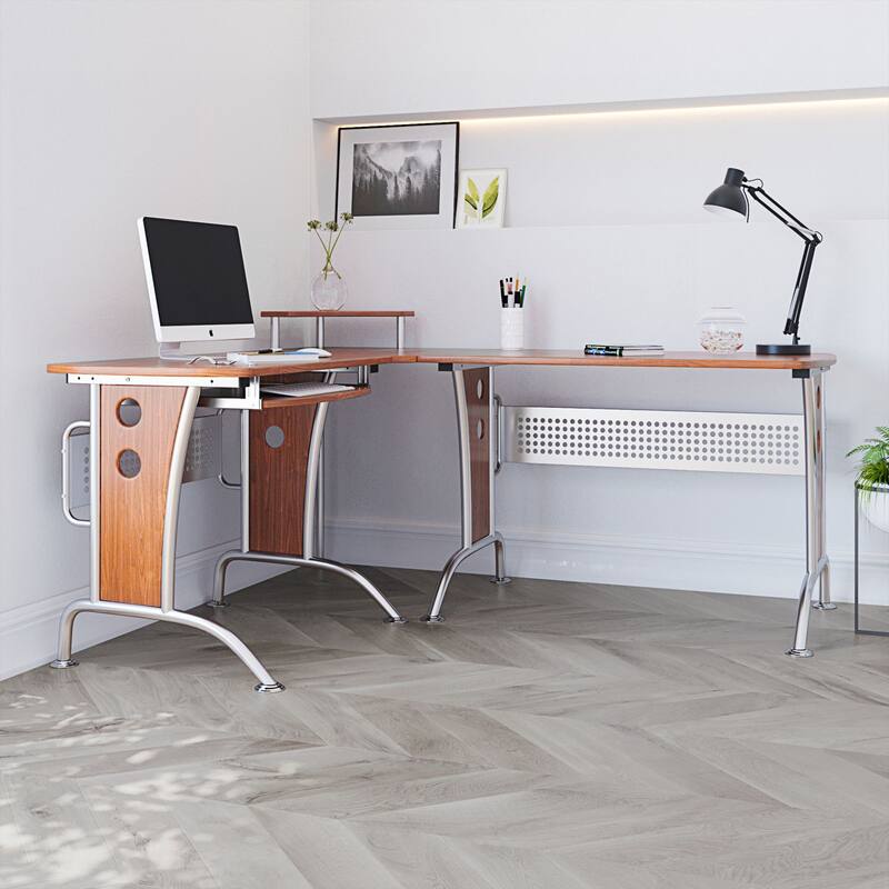 67" Brown and Gray Durable L-Shaped Computer Desk