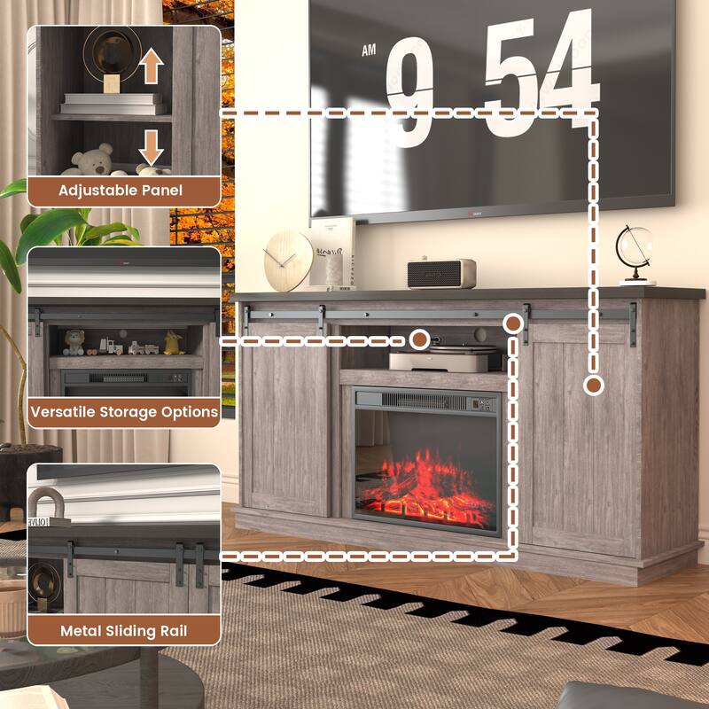 63" Farmhouse Fireplace TV Stand with Sliding Barn Door, Accommodates TVs Up to 65", Featuring Storage and Adjustable Shelves