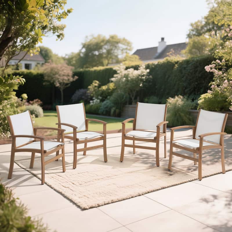 Outdoor Wooden Armchairs with Textilene Back (Set of 4) - White