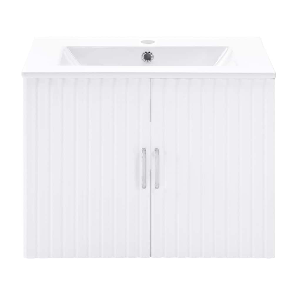 24-Inch Floating Wall Mounted Bathroom Vanity with White Porcelain Sink and Soft Close Doors