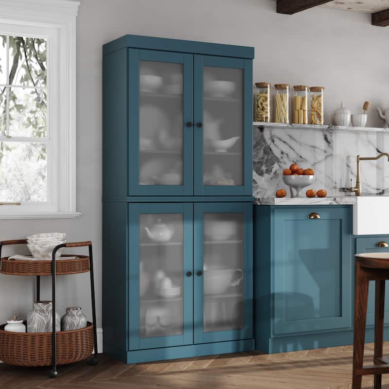 Palace Imports 100% Solid Wood Pantry Cabinet with Frosted, Clear Glass or Solid Doors and Adjustable Shelves - Teal Blue - Frosted Glass