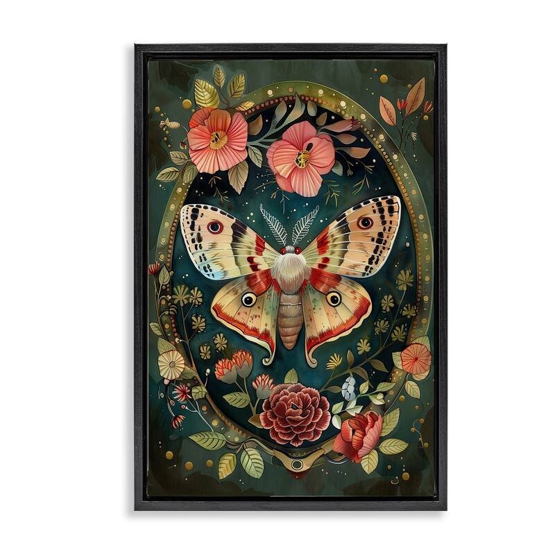 Stupell Victorian Moth & Florals Framed Floater Canvas Wall Art Design By The Dutch Lady - 21 x 31 - Black
