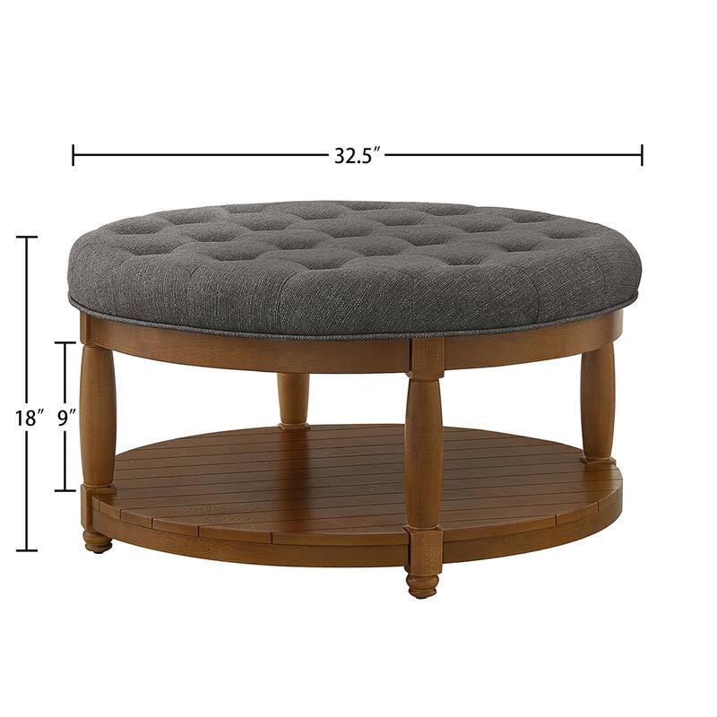 Large Round Tufted Linen Ottoman Coffee Table with Solid Wood Shelf - Granite Tone