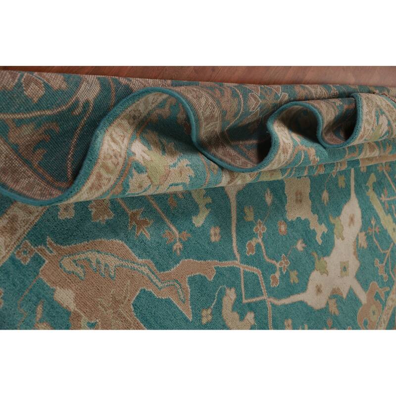 All-Over Green Oushak Indian Area Rug Floral Handmade Wool Carpet - 9'1" x 11'9"