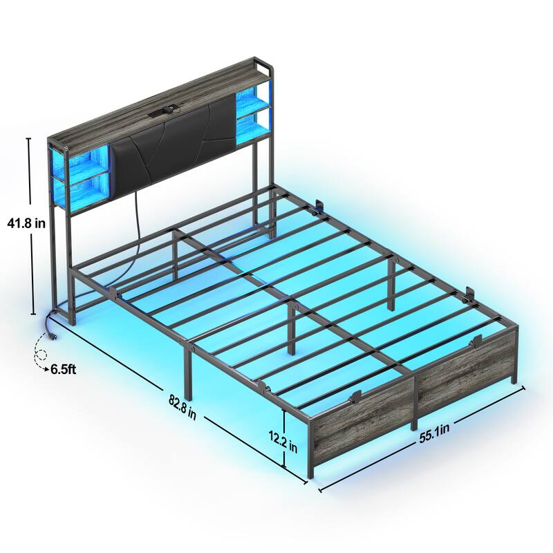 Bed Frame with Upholstered Storage Headboard,Matel Platform Bed with Charging Station and RGB LED Lights,Easy Assembly