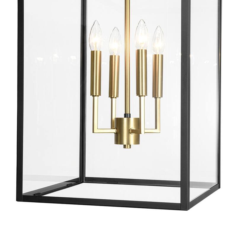 Black Brass 4-Light Metal Square Clear Glass Cage Chandelier