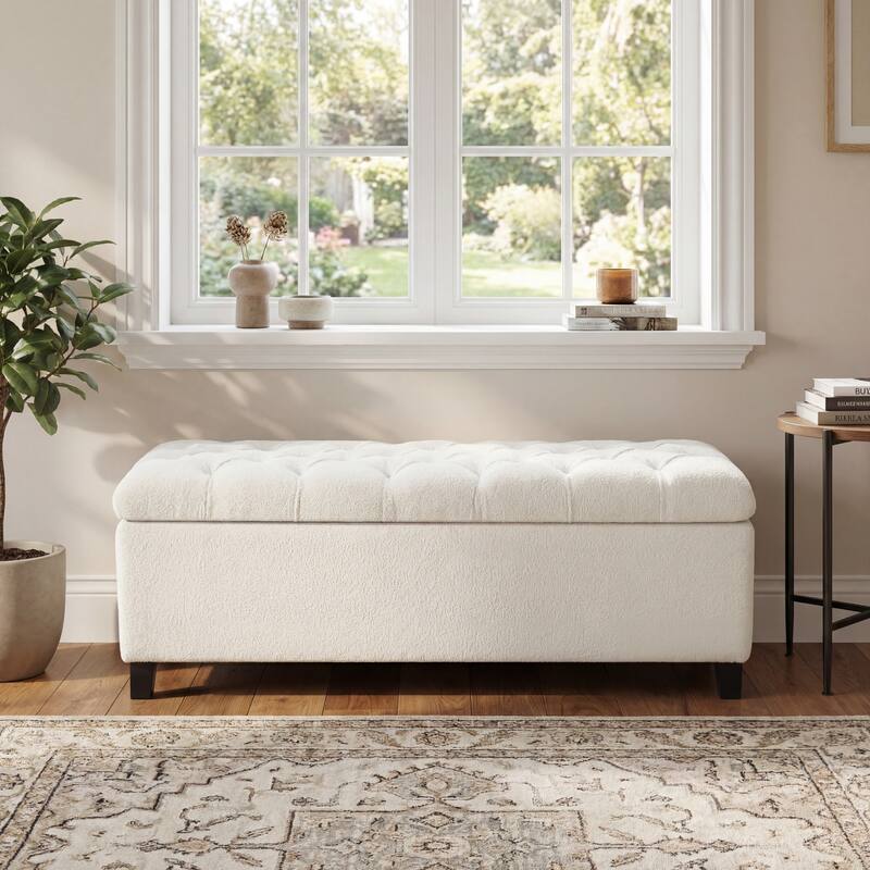 Ottoman Bench with Storage and Rubber Wood Legs - White