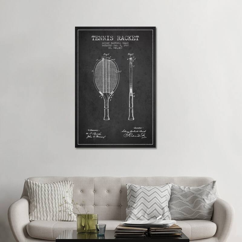 iCanvas "Tennis Racket Charcoal Patent Blueprint" by Aged Pixel Canvas Print - 48x32x1.5