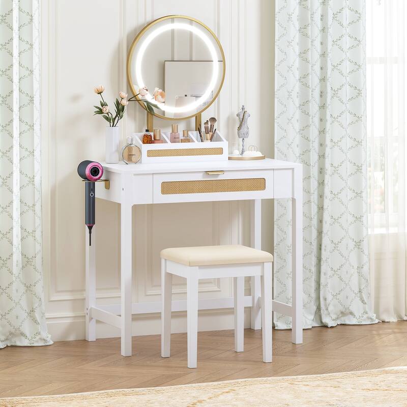 COSTARS Rattan Makeup Vanity Desk with Mirror and Lights, White Vanity Table with Drawers,Dressing Table with 3 Lighting Modes